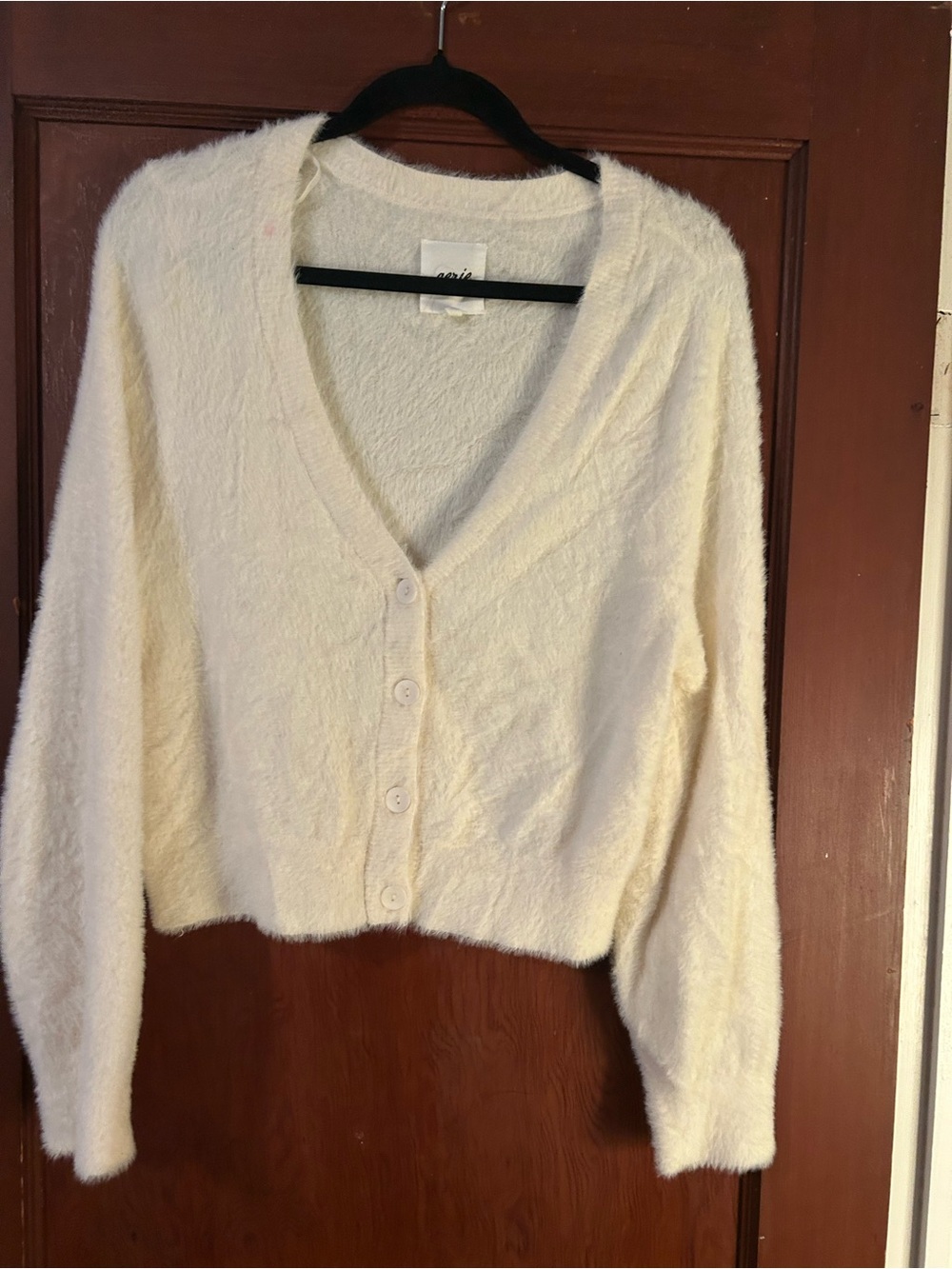 aerie Cream Fuzzy V-Neck Button Cardigan